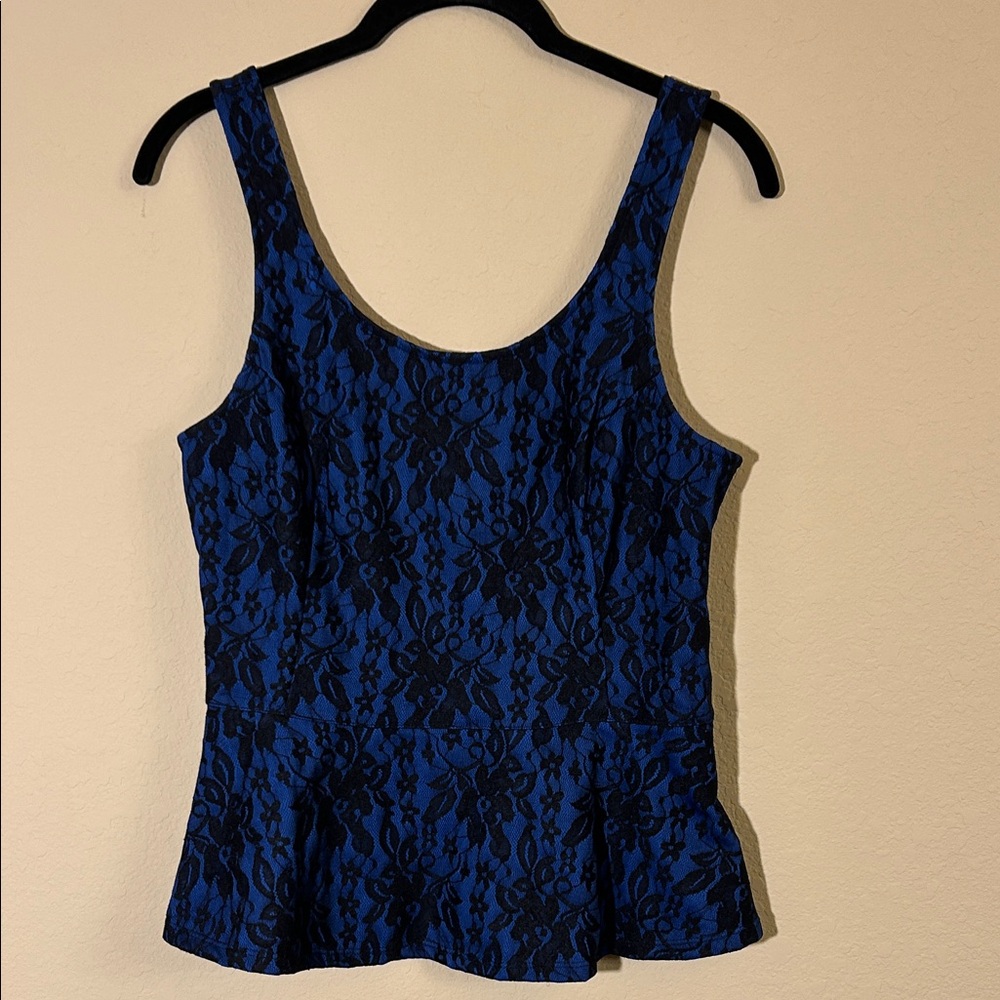 Express Blue and Black Lace Peplum Top
Size S